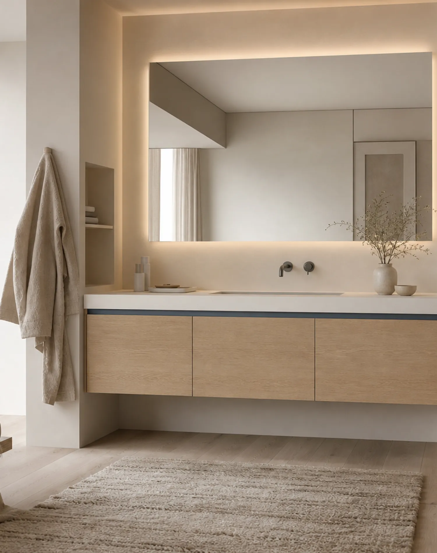 Suite de Baño y Tocador Alcove con Pared de Lavabo Flotante Azul Brumoso estudio de adaptación