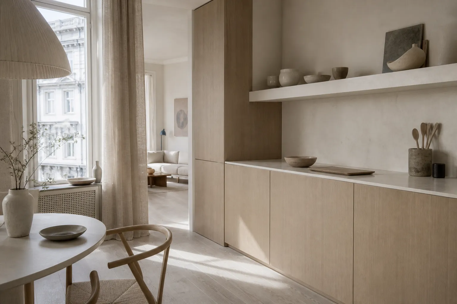 Kitchen material study with flax linen, pale cabinet fronts, and diffused daylight for surface perception.