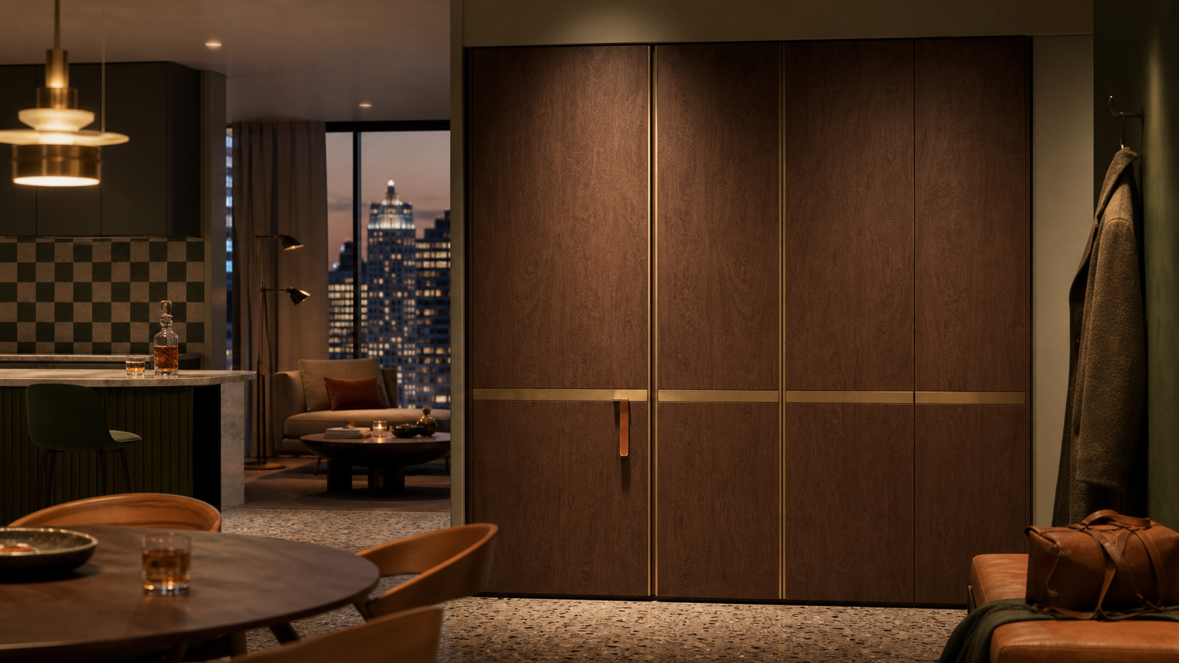 Fadior Resonance Wardrobe Suite with Burl Walnut Valet Bay — lifestyle setting with natural light and residential styling