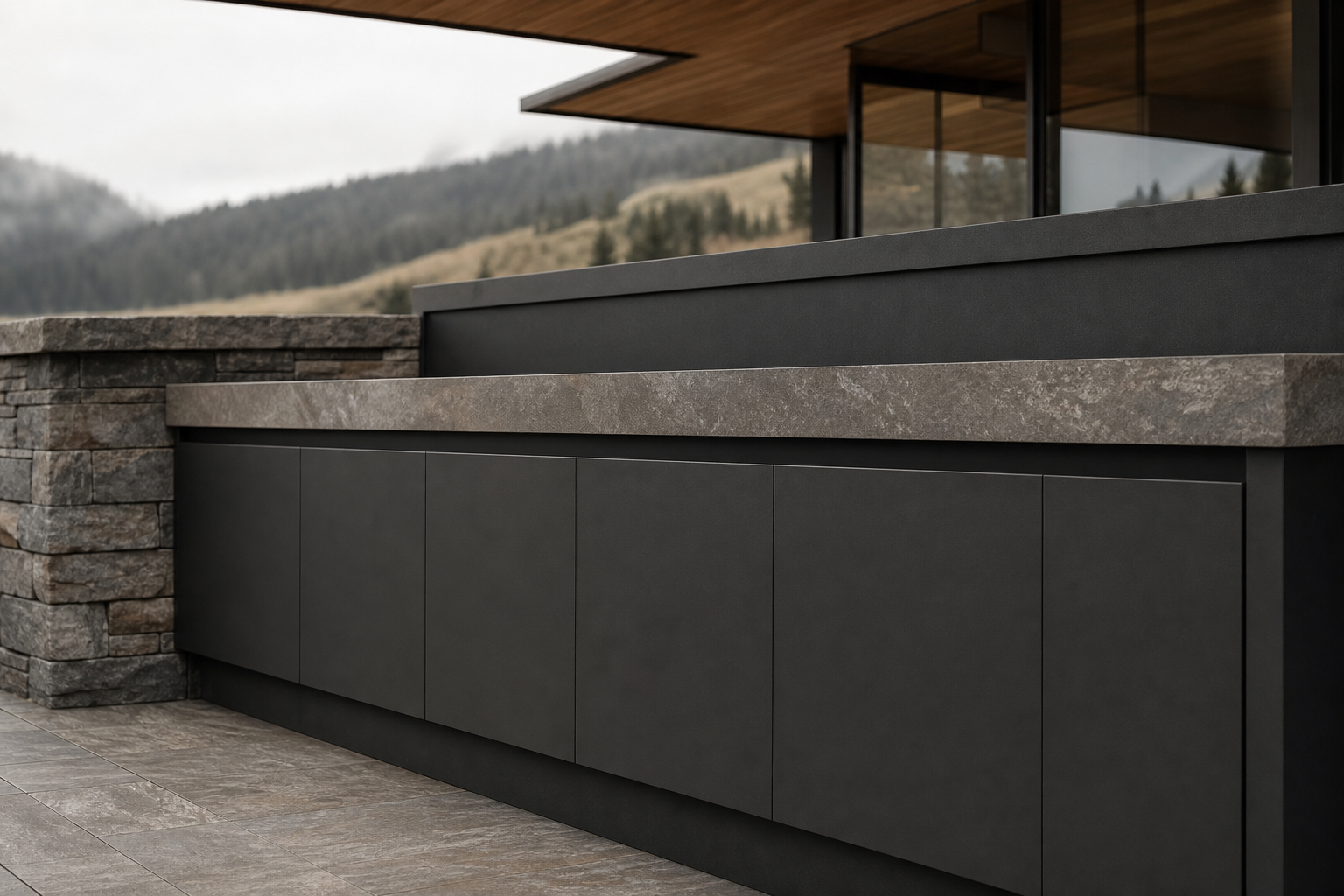 Fadior Horizon Outdoor Kitchen Suite with Charcoal Parapet Serving Run — close-up of stainless steel finish and hardware