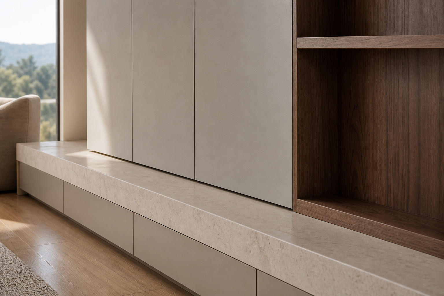 Fadior Silvan Living Room Suite with Pale Stone Study Wall — close-up of stainless steel finish and hardware detail