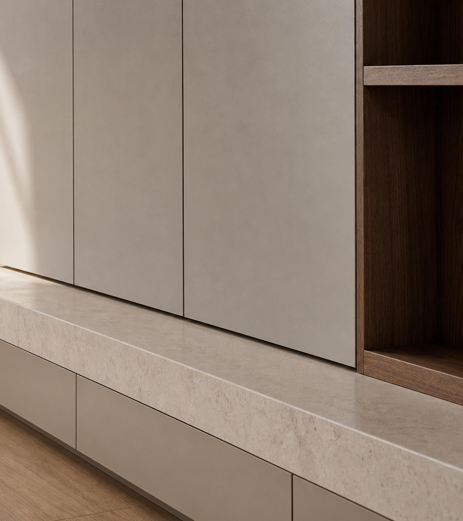 Fadior Silvan Living Room Suite with Pale Stone Study Wall — close-up of stainless steel finish and hardware detail