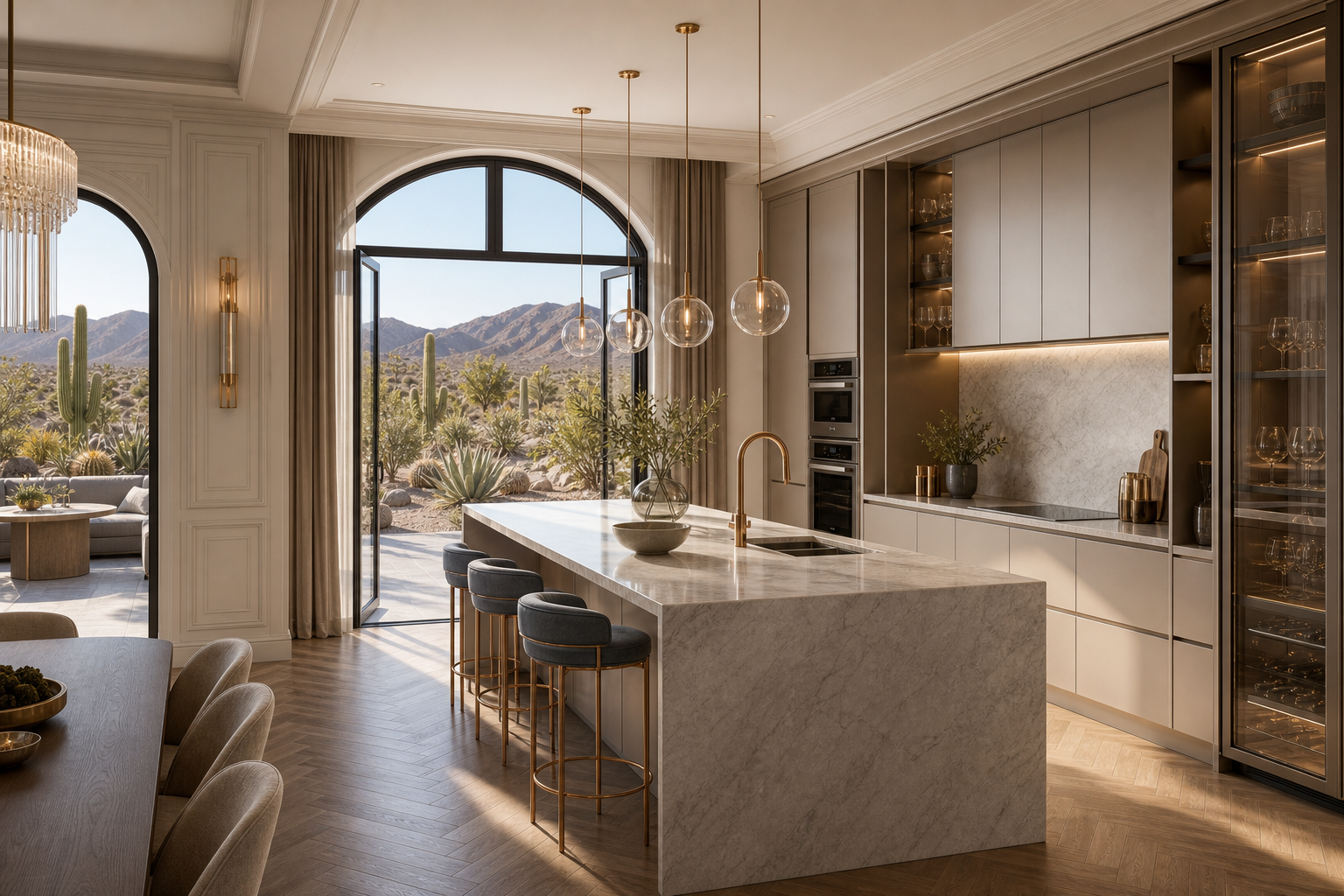 Fadior Las Vegas 200 sqm Kitchen Villa - marble counter, cabinet wall, glass panel, herringbone floor