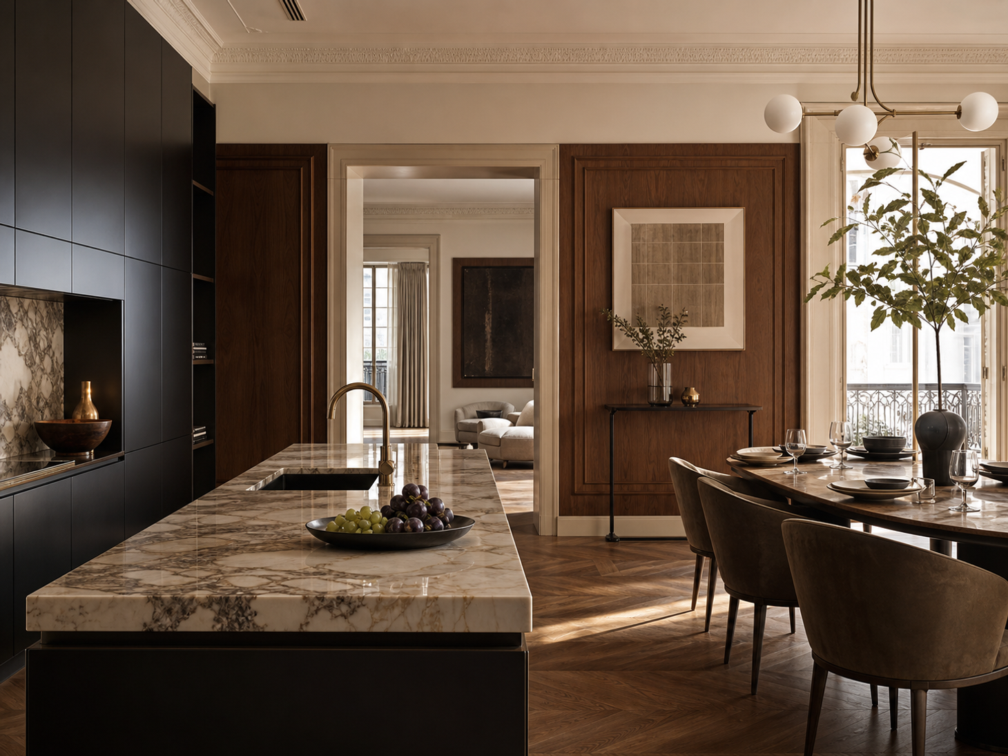 Italian kitchen and dining space prepared for calm daily hosting.