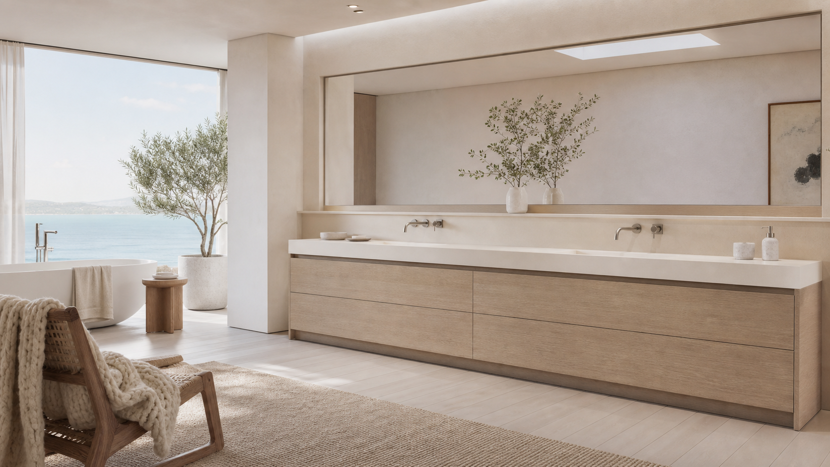 Fadior Nacre Bath and Vanity Suite with Oyster Skylight Wash Plinth — lifestyle setting with natural light and residential