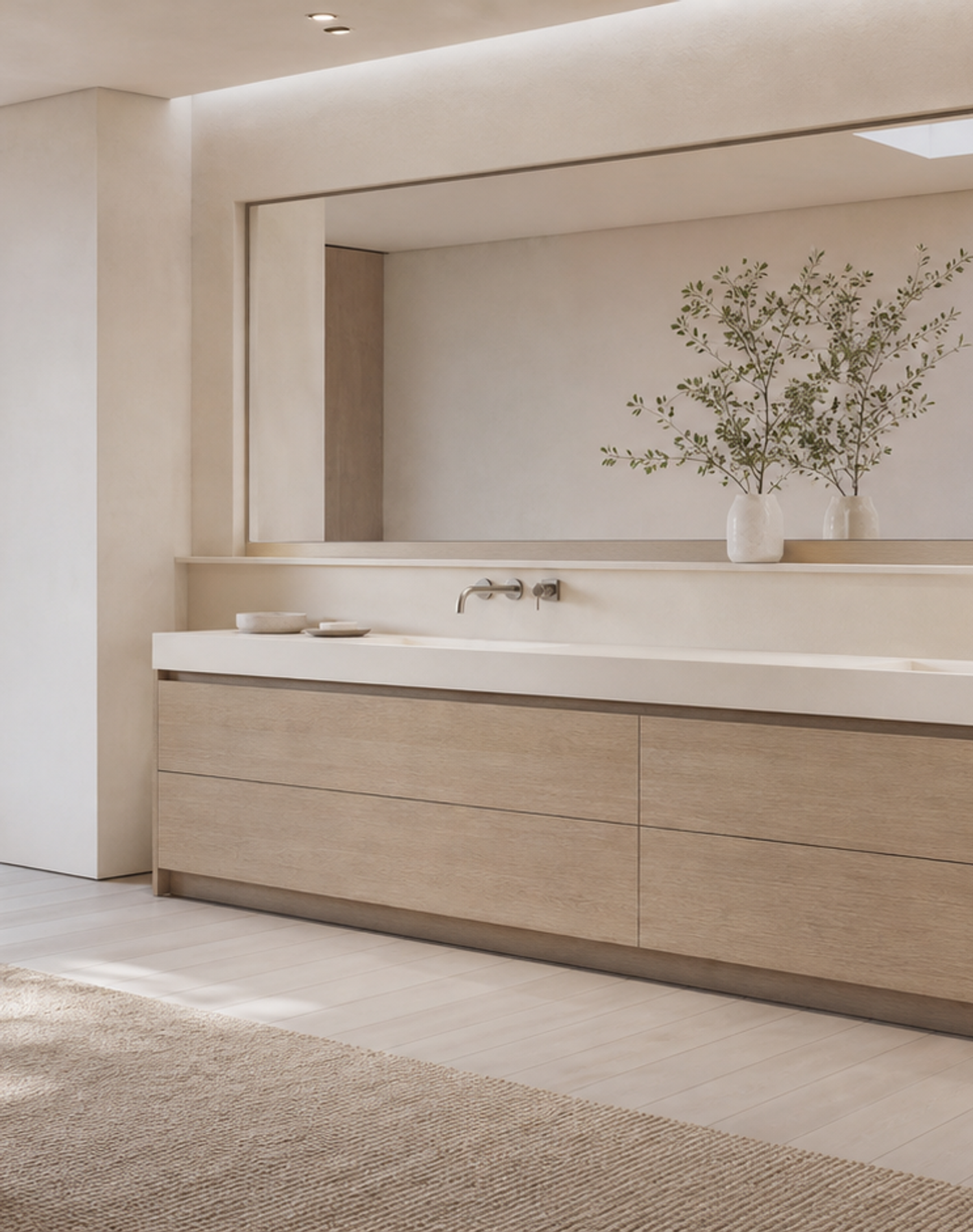 Fadior Nacre Bath and Vanity Suite with Oyster Skylight Wash Plinth — lifestyle setting with natural light and residential