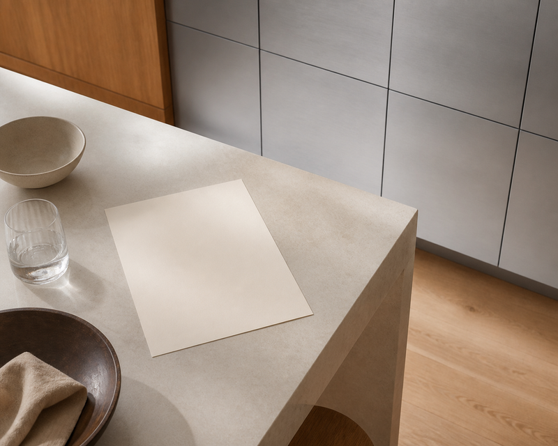 Decision comparison scene: a blank cream worksheet on pale stone beside calm brushed cabinetry and warm oak details in a luxury kitchen context.
