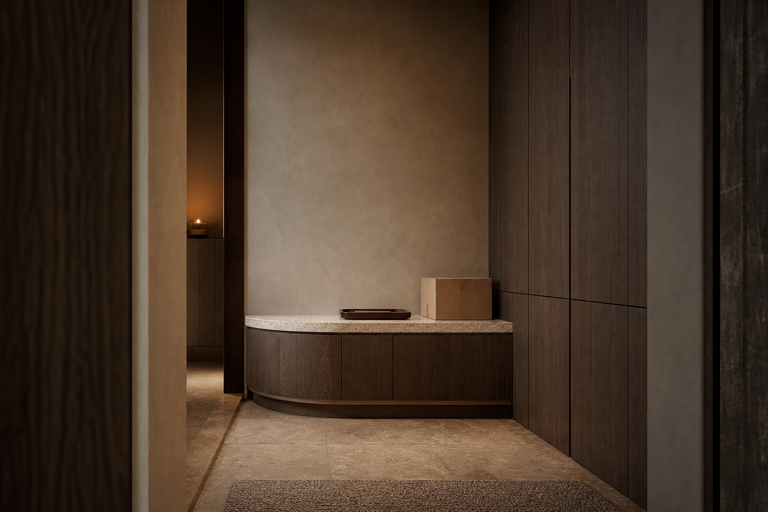 Fadior Savile Entryway Suite with Crescent Parcel Bench — interior room context showing cabinet integration