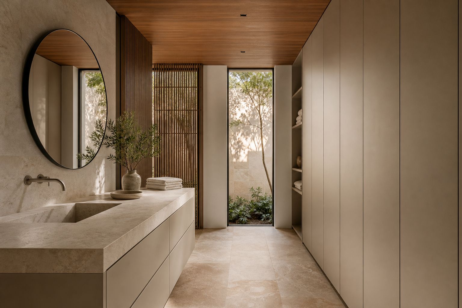 Fadior Sydney Garden Courtyard Villa — vanity counter, round mirror, wardrobe wall, timber screen, garden window