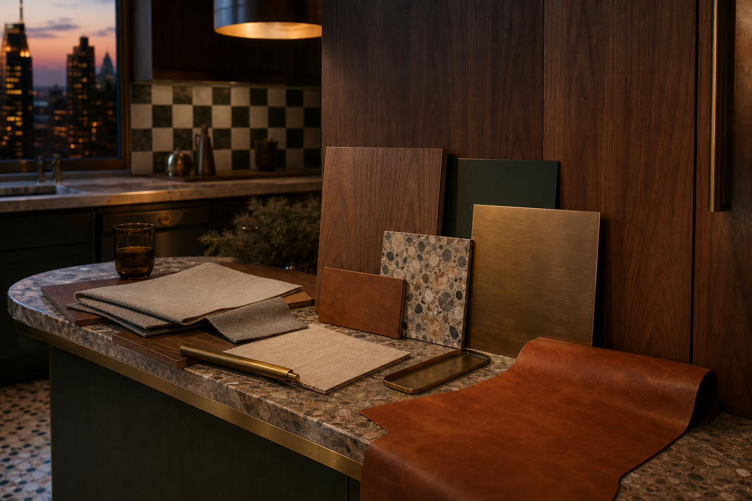 Material mood study with cabinet finish samples under warm apartment lighting.