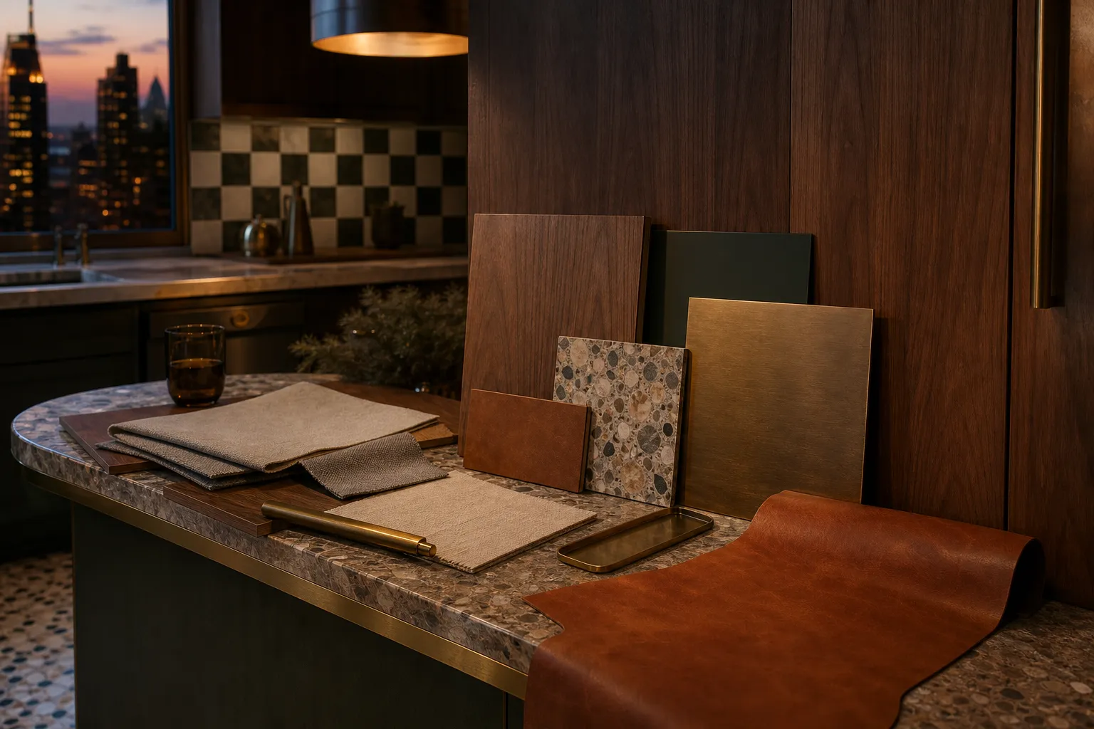 Material mood study with cabinet finish samples under warm apartment lighting.