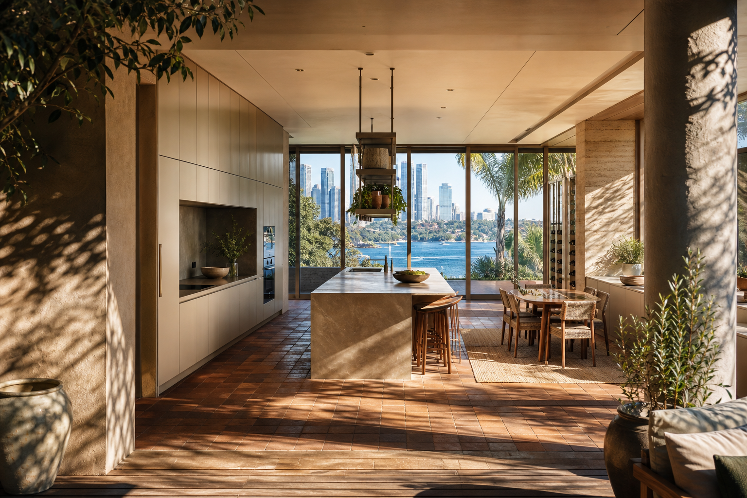 Fadior Sydney Skyline Penthouse — Sydney penthouse kitchen with island, harbour window, cabinet wall, terracotta floor, — 304 stainless steel cabinetry installation by Fadior
