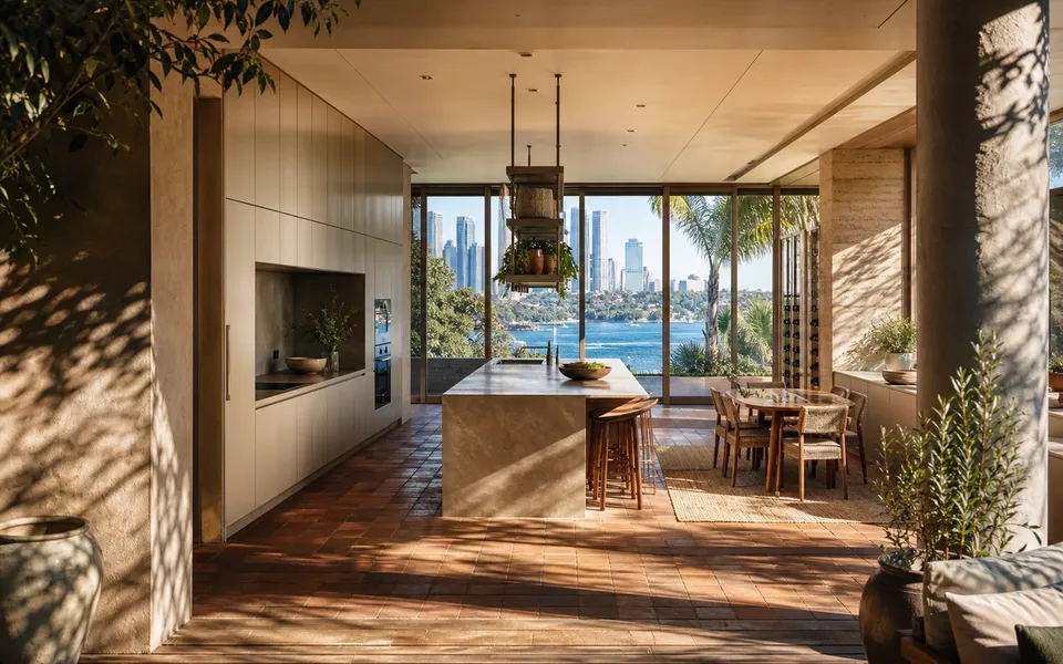 Fadior Sydney Skyline Penthouse — Sydney penthouse kitchen with island, harbour window, cabinet wall, terracotta floor, — 304 stainless steel cabinetry installation by Fadior