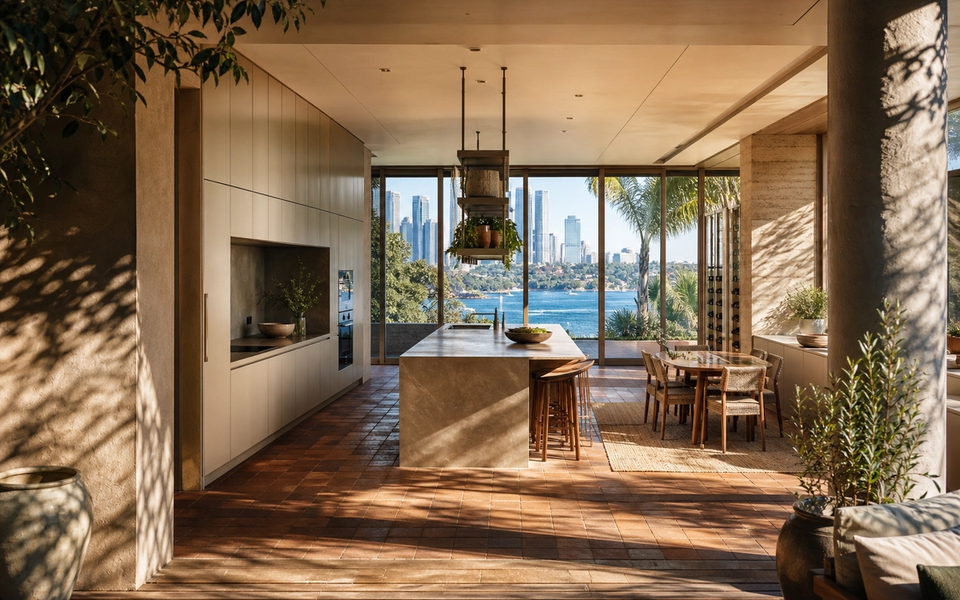 Fadior Sydney Skyline Penthouse — Sydney penthouse kitchen with island, harbour window, cabinet wall, terracotta floor, — 304 stainless steel cabinetry installation by Fadior