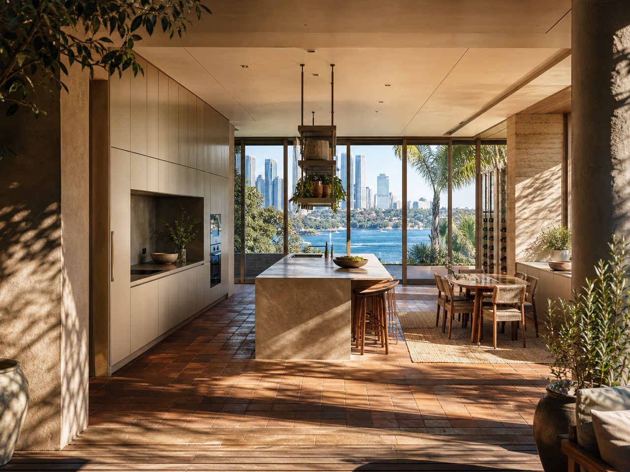 Fadior Sydney Skyline Penthouse — Sydney penthouse kitchen with island, harbour window, cabinet wall, terracotta floor, — 304 stainless steel cabinetry installation by Fadior