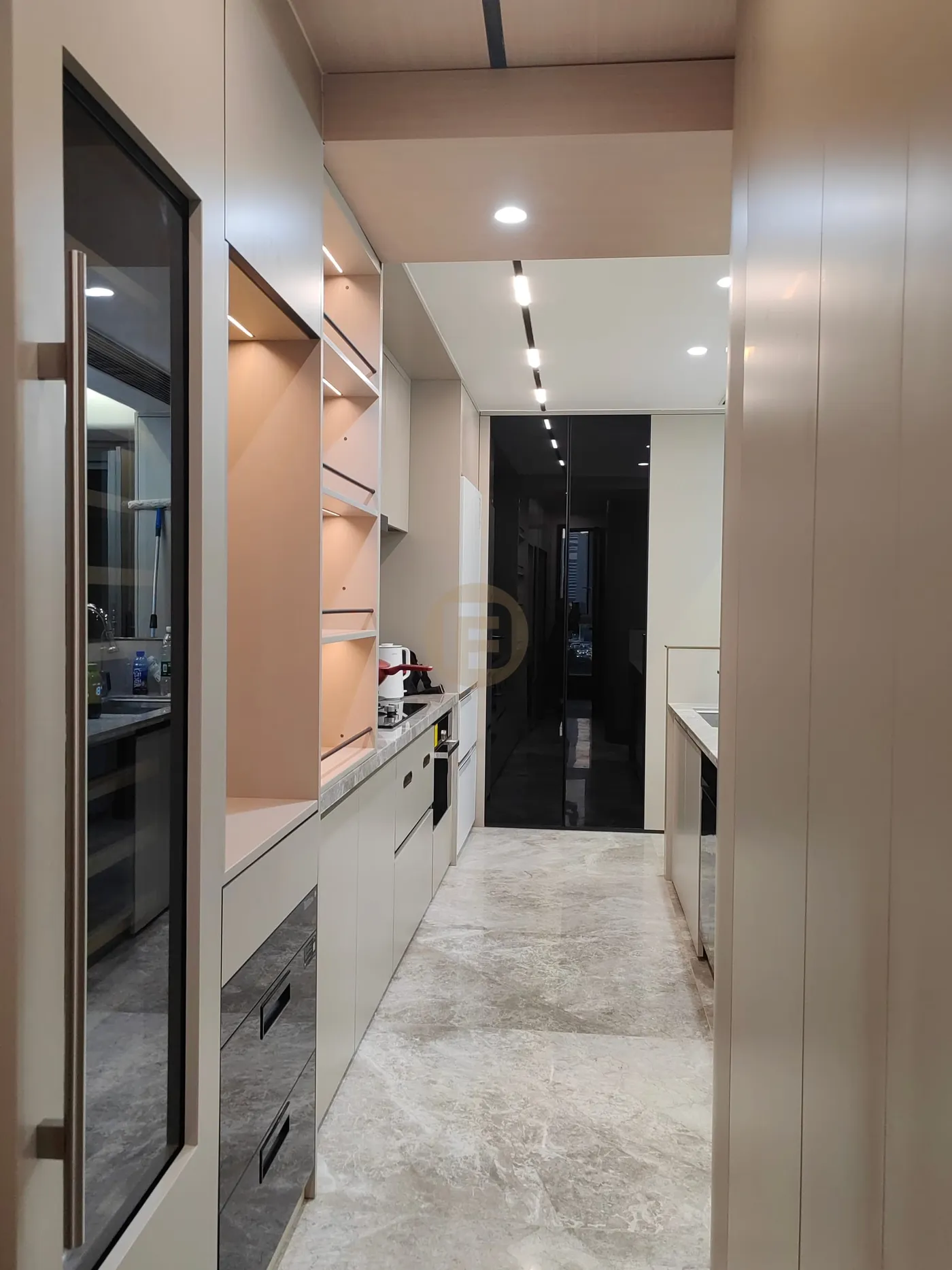 Galley kitchen with smoked-glass partition, stainless steel cabinetry and lit pantry shelving