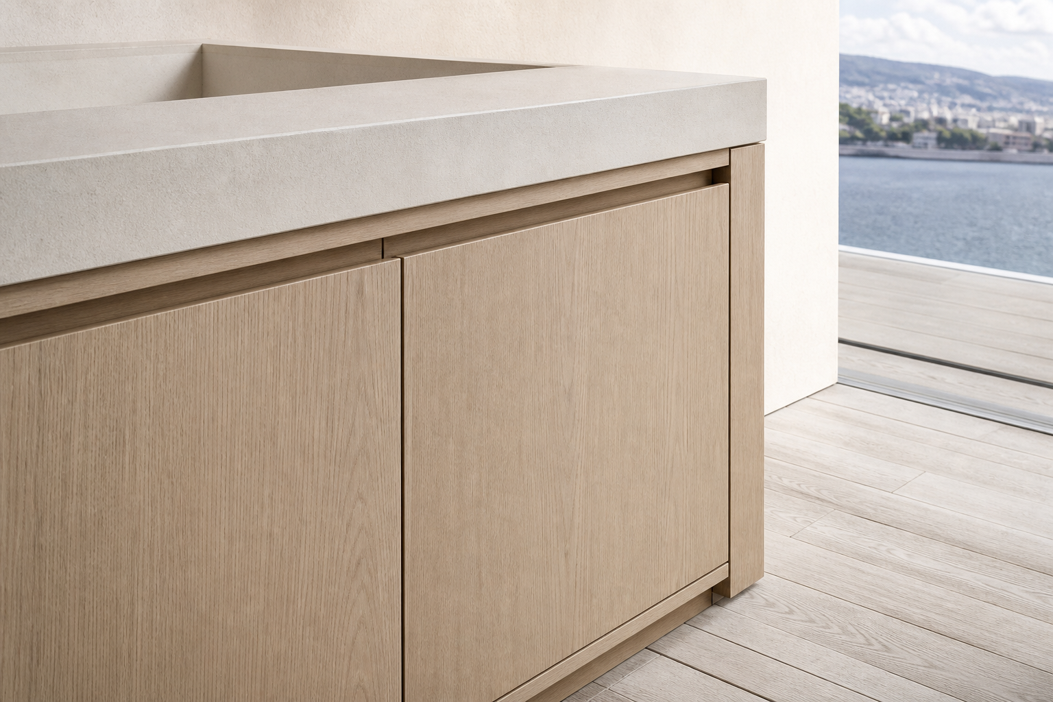 Fadior Vantage Outdoor Kitchen Suite with Deep Basin Terrace Ledge — close-up of stainless steel finish and hardware detail