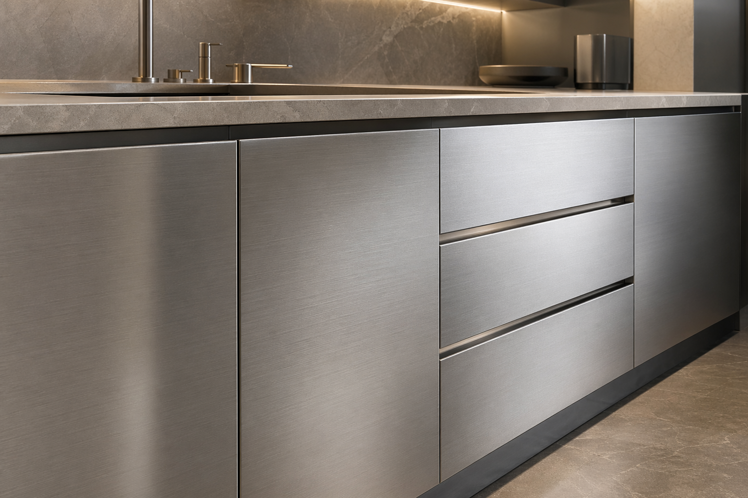 Fadior Foshan Headquarters Experience Center — kitchen detail with 304 stainless steel cabinetry