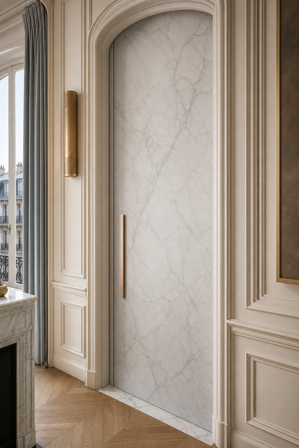 Fadior Silhouette Interior Door Suite with Carrara Panel Passage Slab — close-up of stainless steel finish and hardware