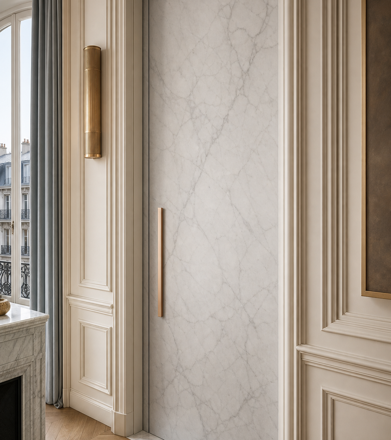 Fadior Silhouette Interior Door Suite with Carrara Panel Passage Slab — close-up of stainless steel finish and hardware