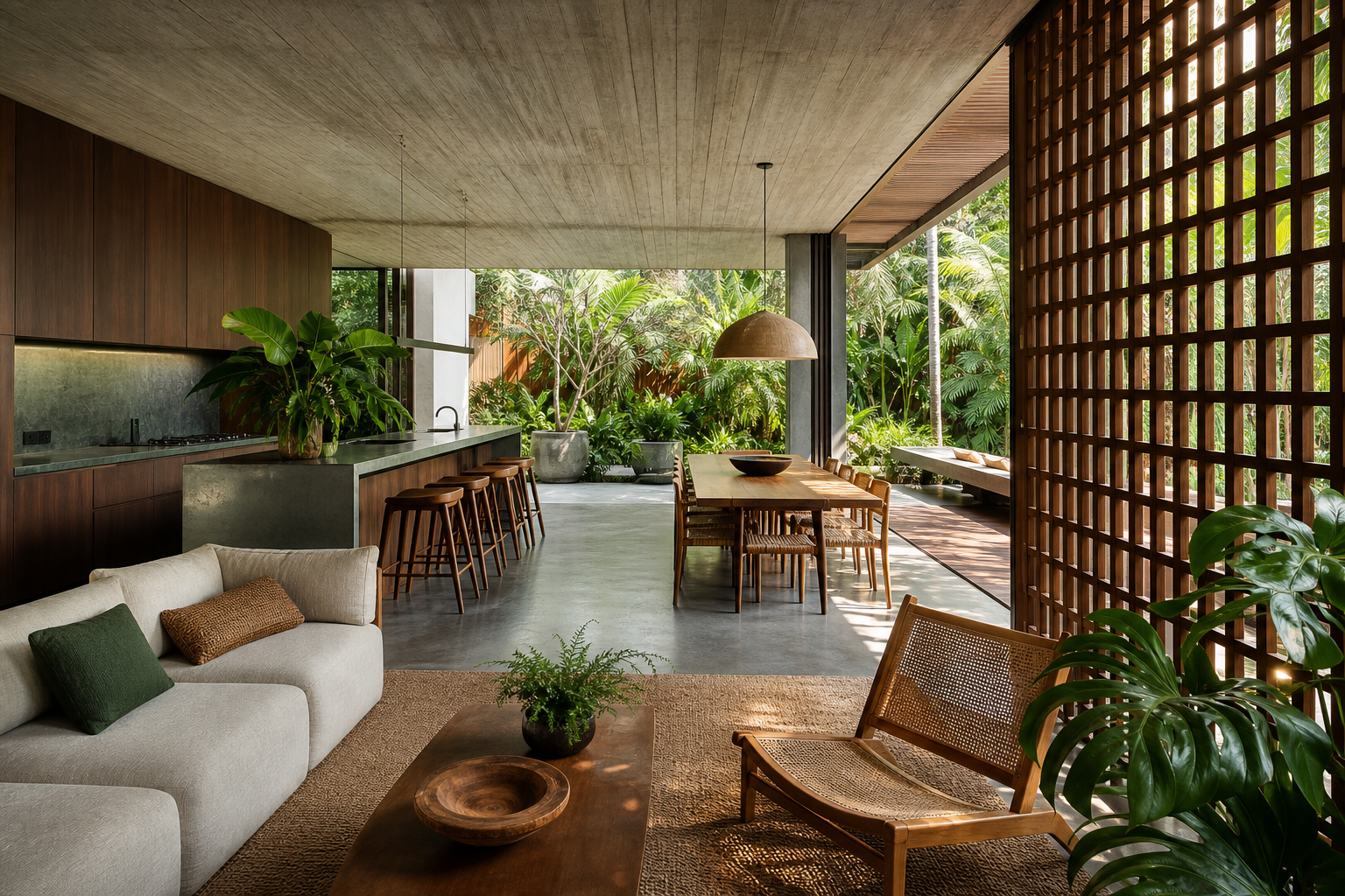 Fadior Hong Kong Garden Courtyard Villa — Hong Kong open-plan living room with kitchen island, dining table, sofa,