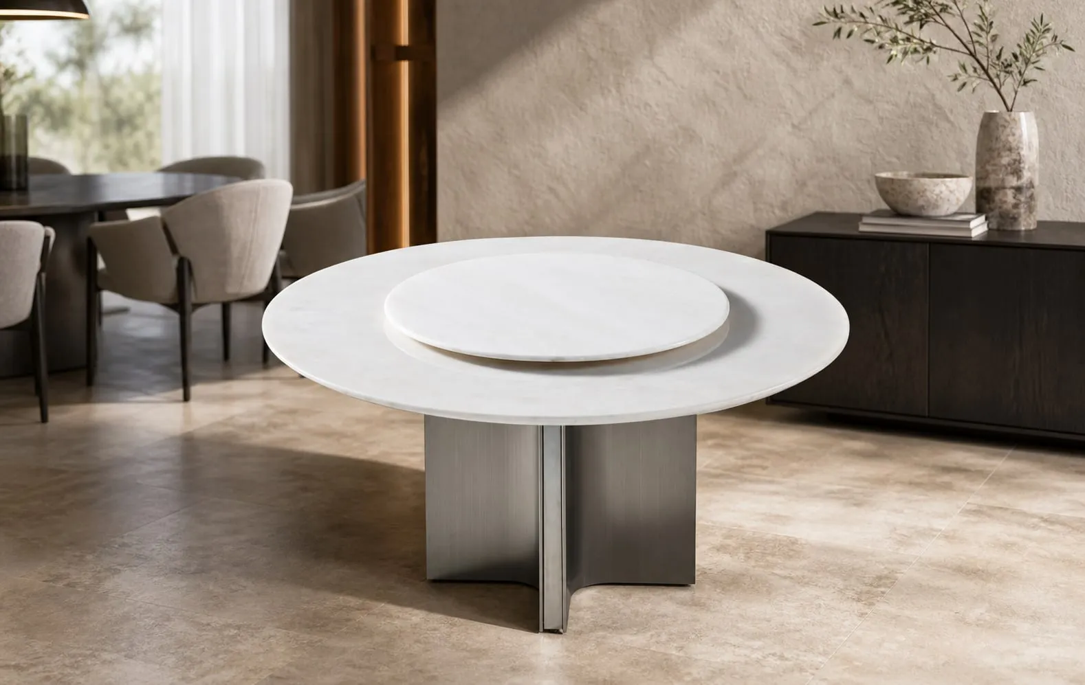 Curved-Pedestal Marble Dining Table Ø135+Ø90 cm