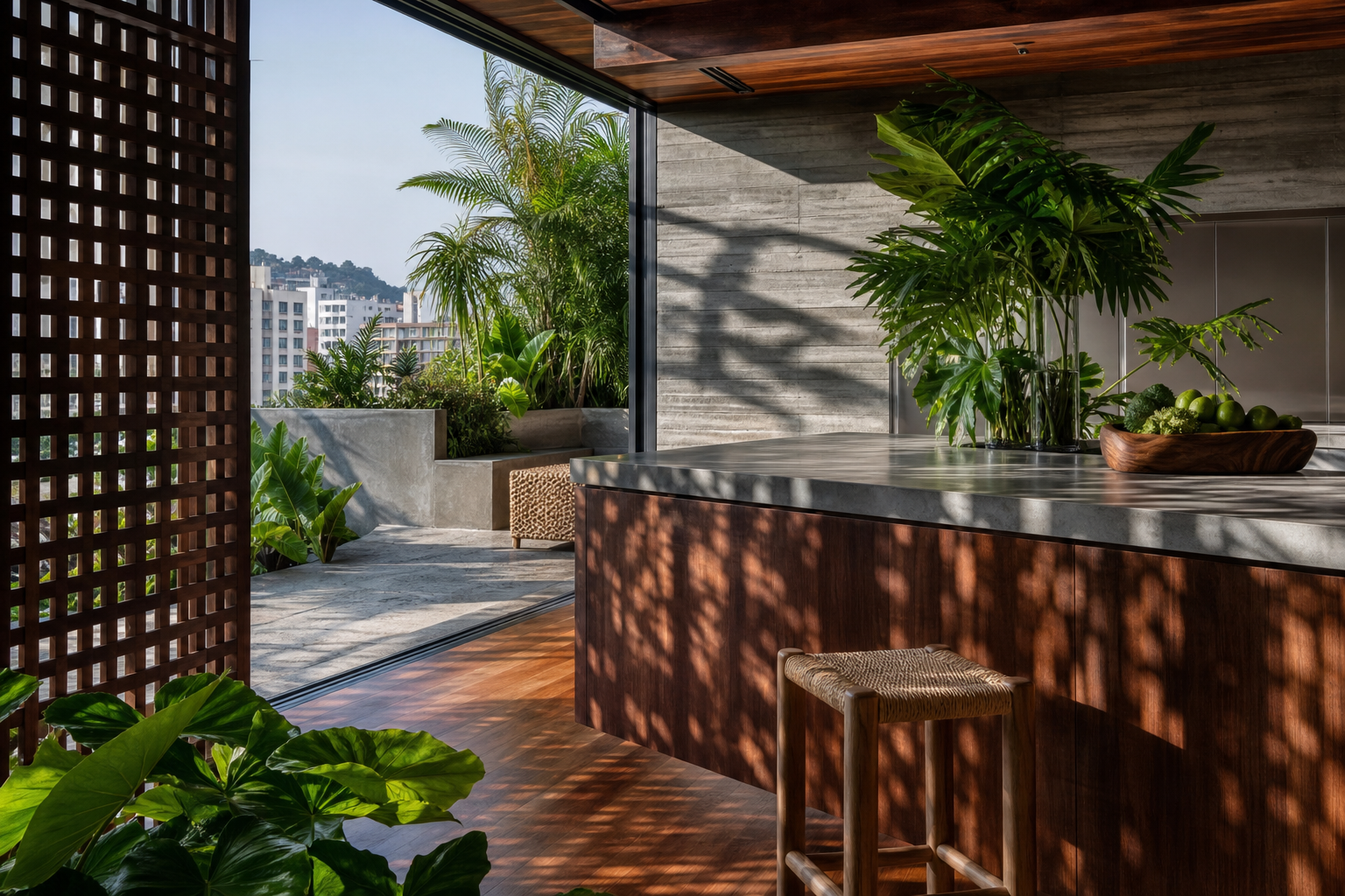 Fadior Rio de Janeiro 240 sqm Kitchen Penthouse — concrete wall, wood cabinet, stone counter, plant leaves, woven stool