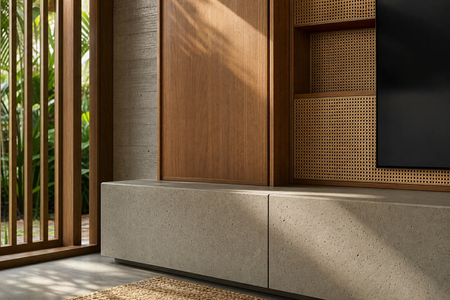 Fadior Zenith Living Room Suite with Concrete Cane Media Plinth — close-up of stainless steel finish and hardware detail