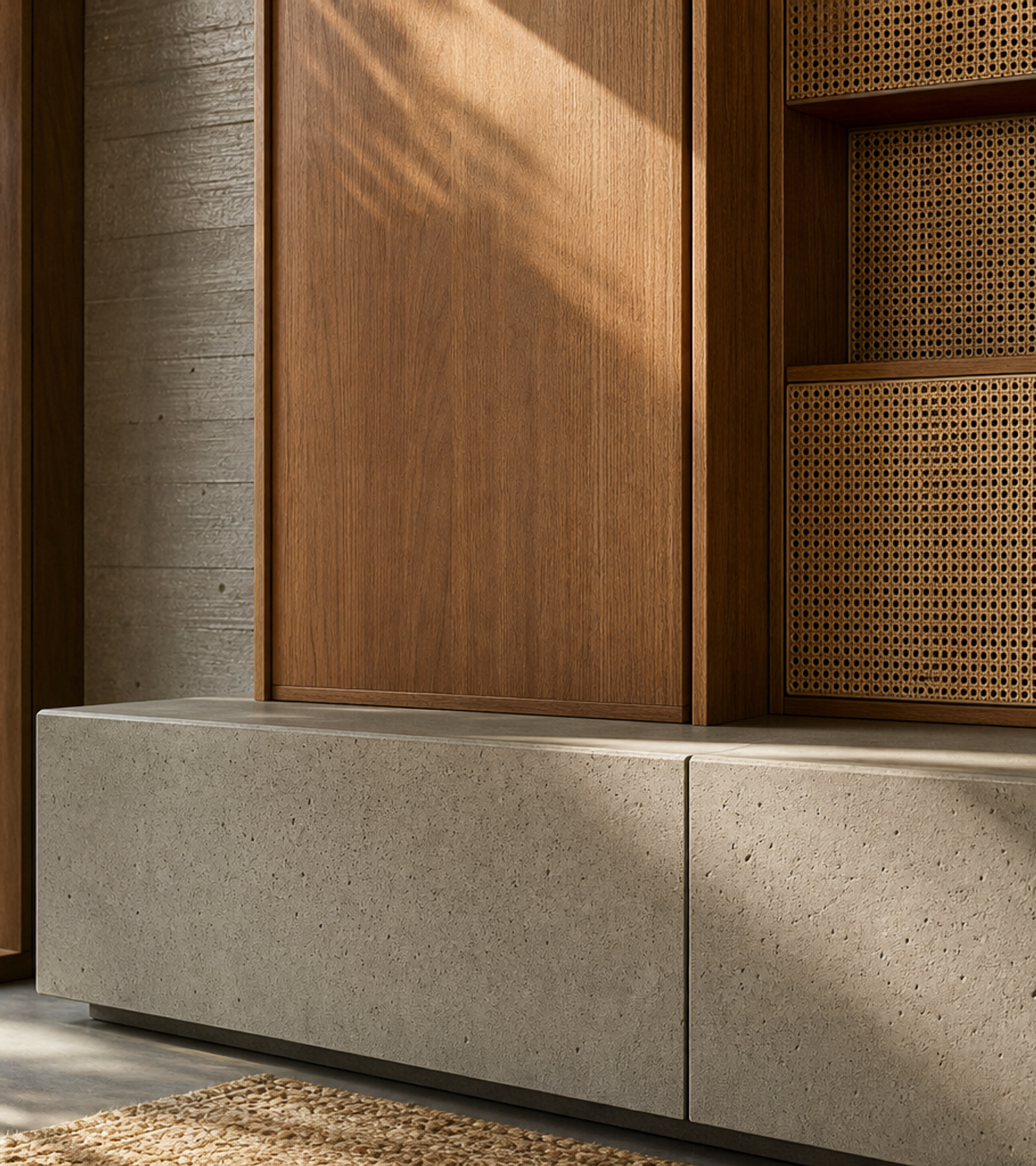 Fadior Zenith Living Room Suite with Concrete Cane Media Plinth — close-up of stainless steel finish and hardware detail