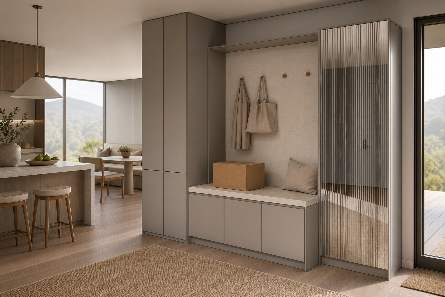 Fadior Savile Entryway Suite with Reeded Mirror Parcel Vestibule — interior room context showing cabinet integration