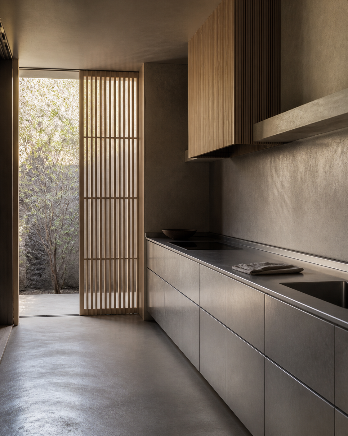 Fadior Tokyo 120 sqm Kitchen Penthouse — steel counter, cypress cabinet, sink, lattice window
