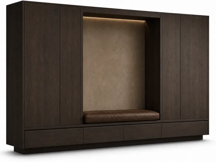 Fadior Patina Living Room Suite with Floating Banquette Console — 304 stainless steel living room system, front view