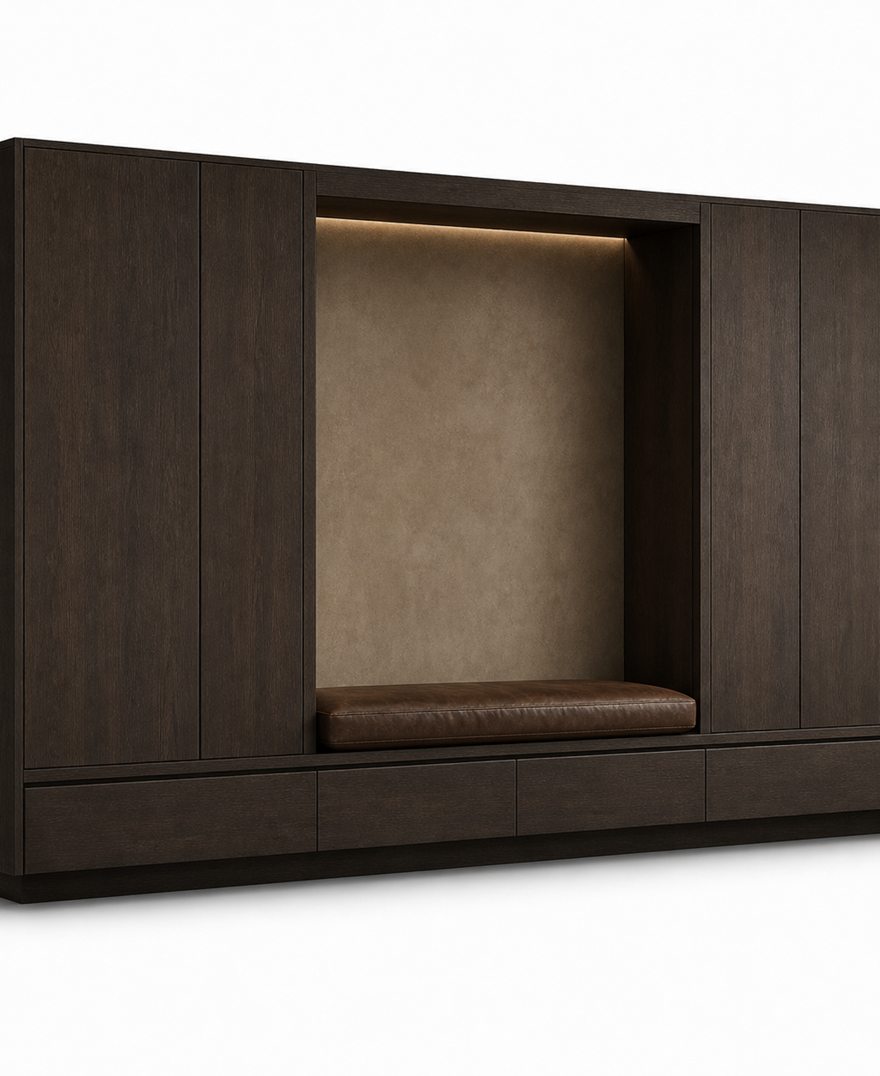 Fadior Patina Living Room Suite with Floating Banquette Console — 304 stainless steel living room system, front view
