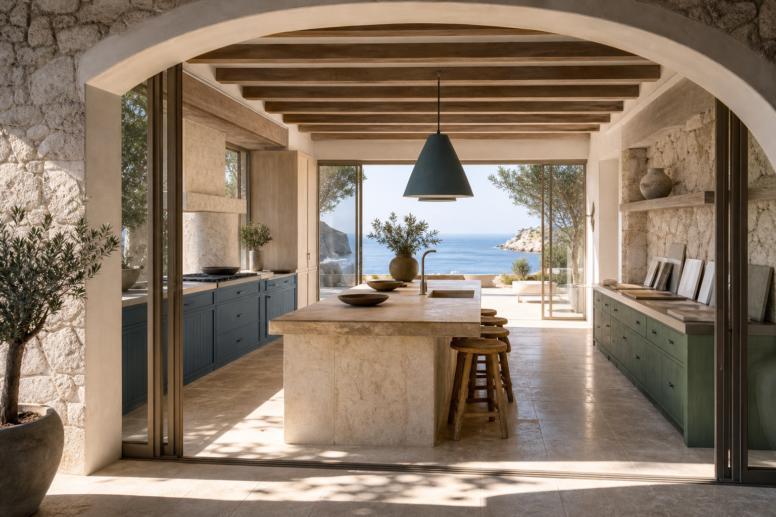 Decision comparison scene: confirmed sourcing zone beside optional finish samples in a villa kitchen.