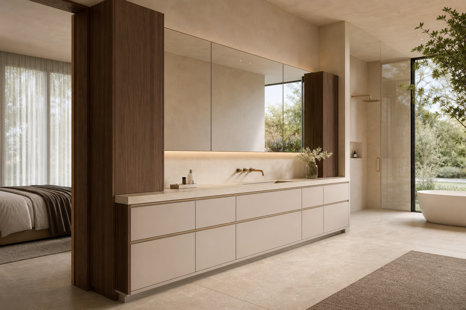 Fadior Nacre Bath and Vanity Suite with Pearl Vanity Axis — interior room context showing cabinet integration