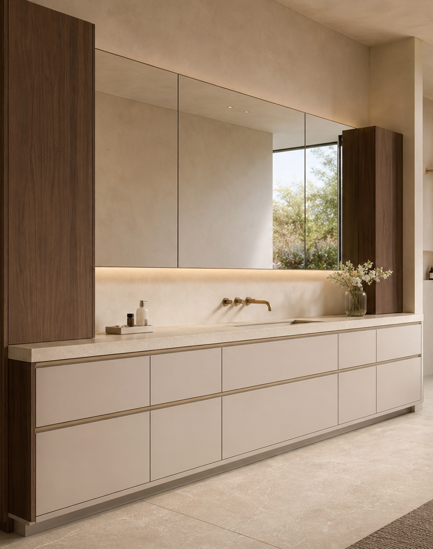 Fadior Nacre Bath and Vanity Suite with Pearl Vanity Axis — interior room context showing cabinet integration