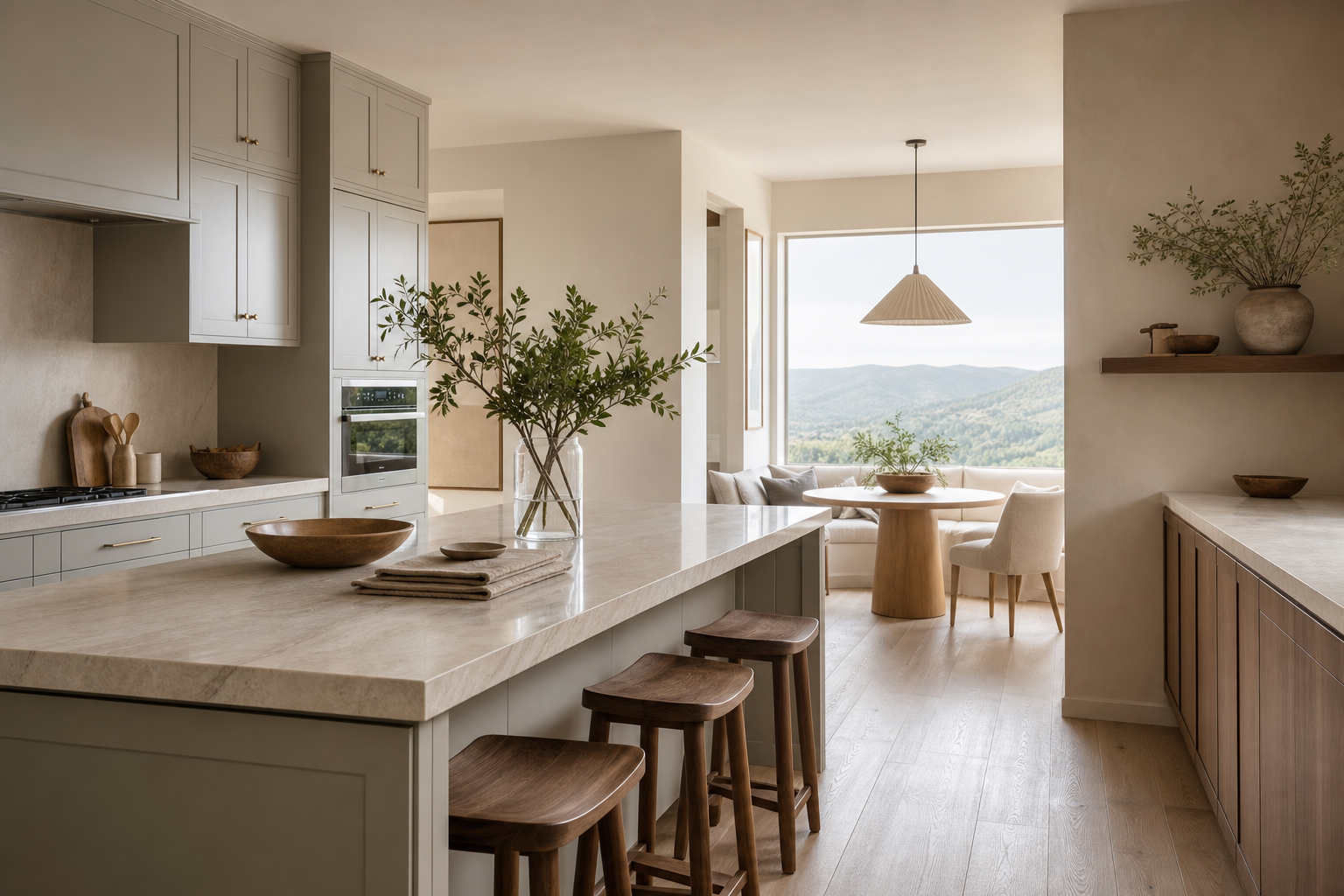 Balanced kitchen decision scene contrasting muted cabinet finishes and warm oak surfaces.