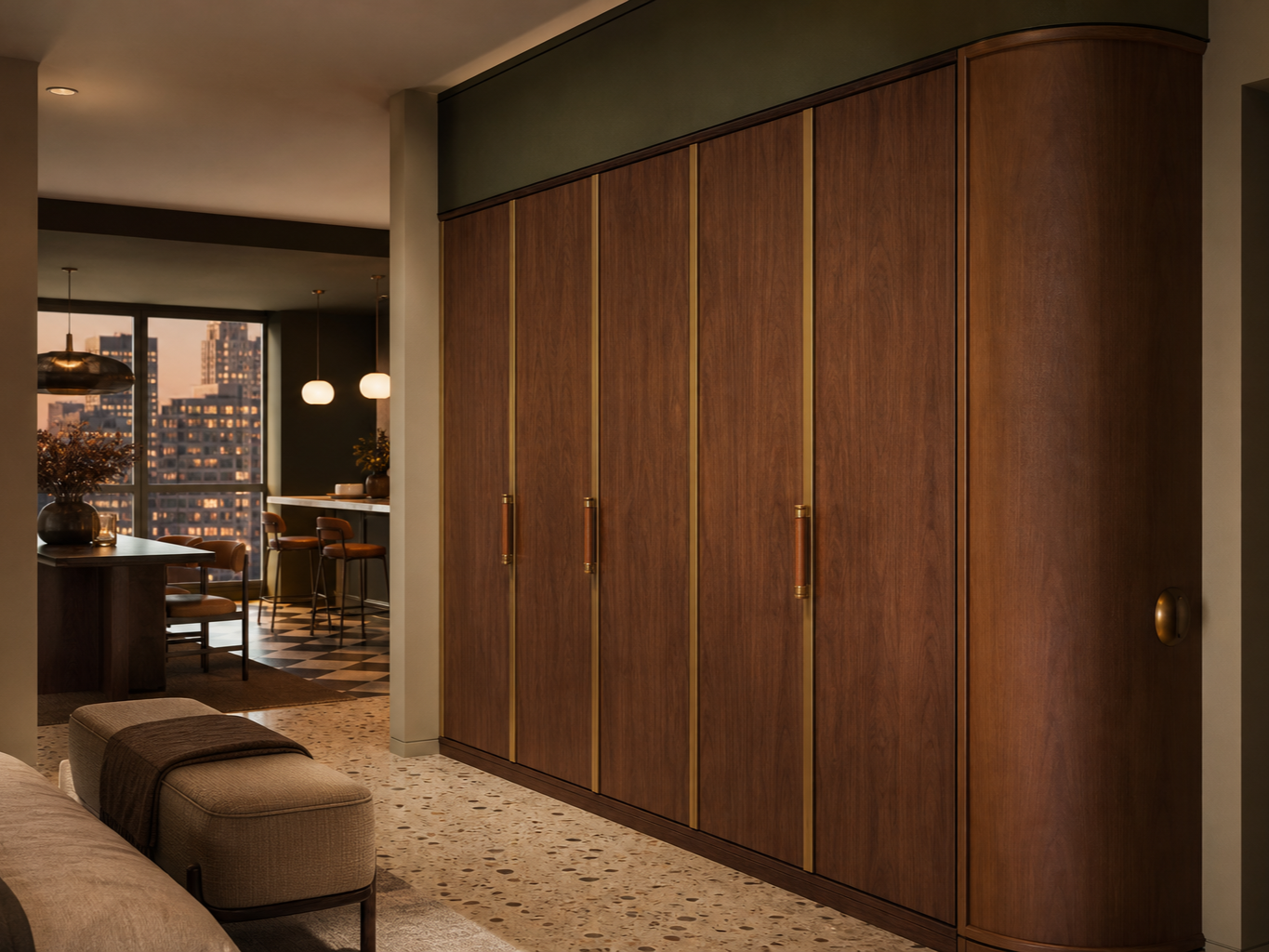 Fadior Radiance Wardrobe Suite with Walnut Radius Dressing Niche — interior room context showing cabinet integration