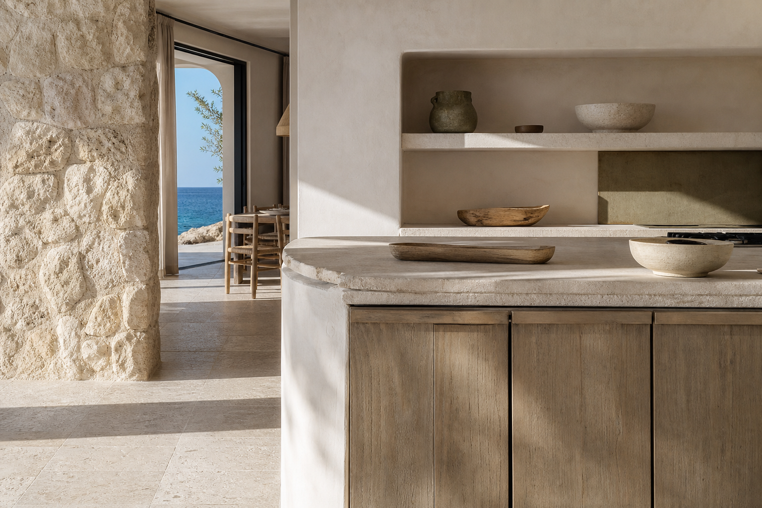 Fadior International 120 sqm Kitchen Apartment — Travertine counter, limestone wall, white plaster, teak cabinet, olive wood tray, and sunlit tile floor