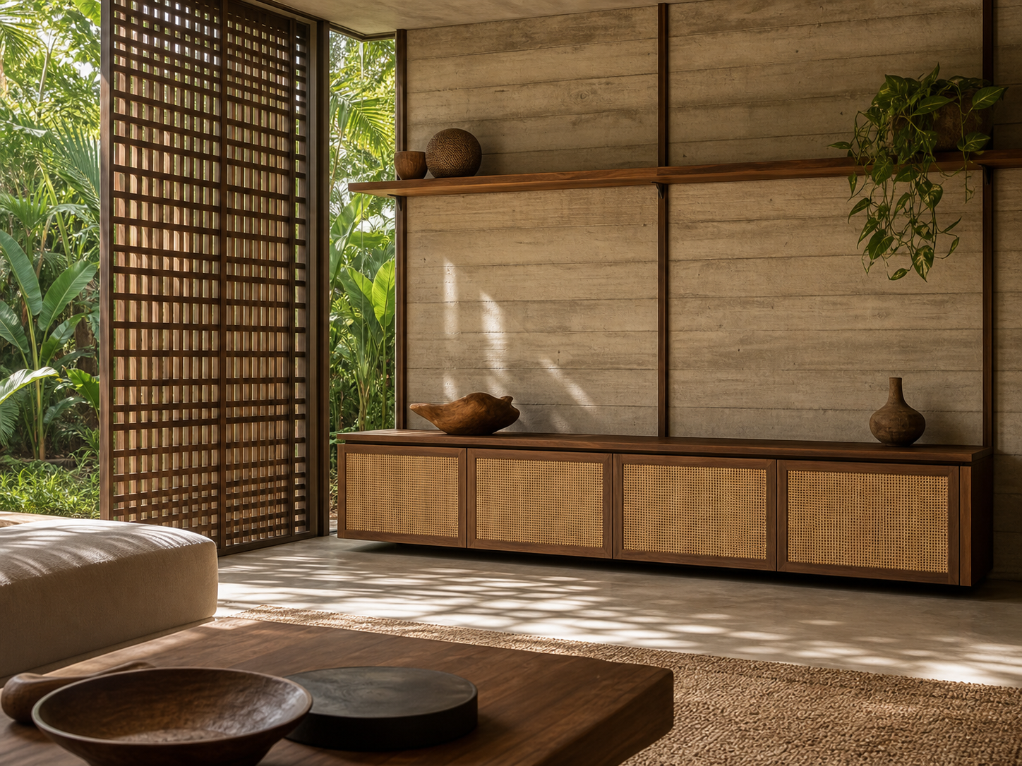 Fadior Veneto Living Room Suite with Concrete Cane Media Credenza — interior room context showing cabinet integration