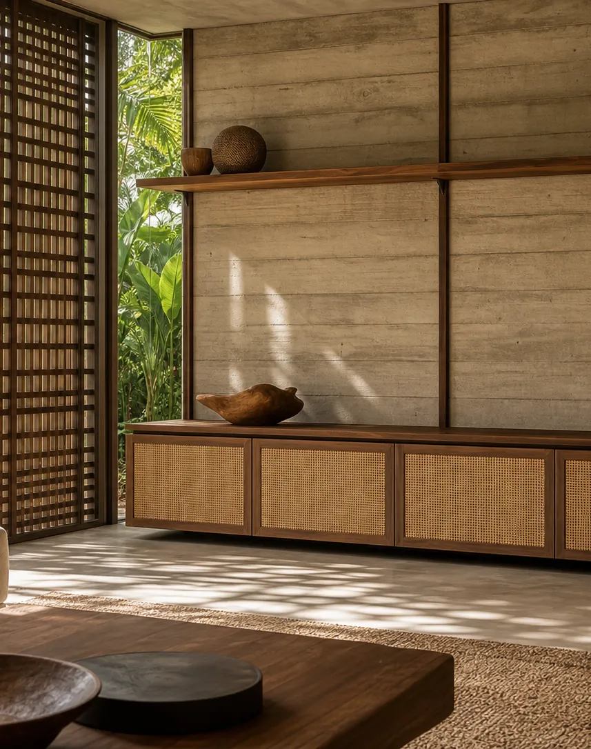 Suite de Salón Veneto con Cómoda para Medios de Caña y Hormigón perspectiva interior