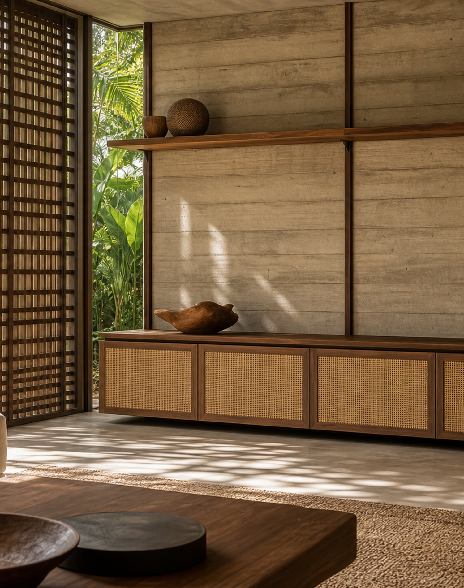 Fadior Veneto Living Room Suite with Concrete Cane Media Credenza — interior room context showing cabinet integration