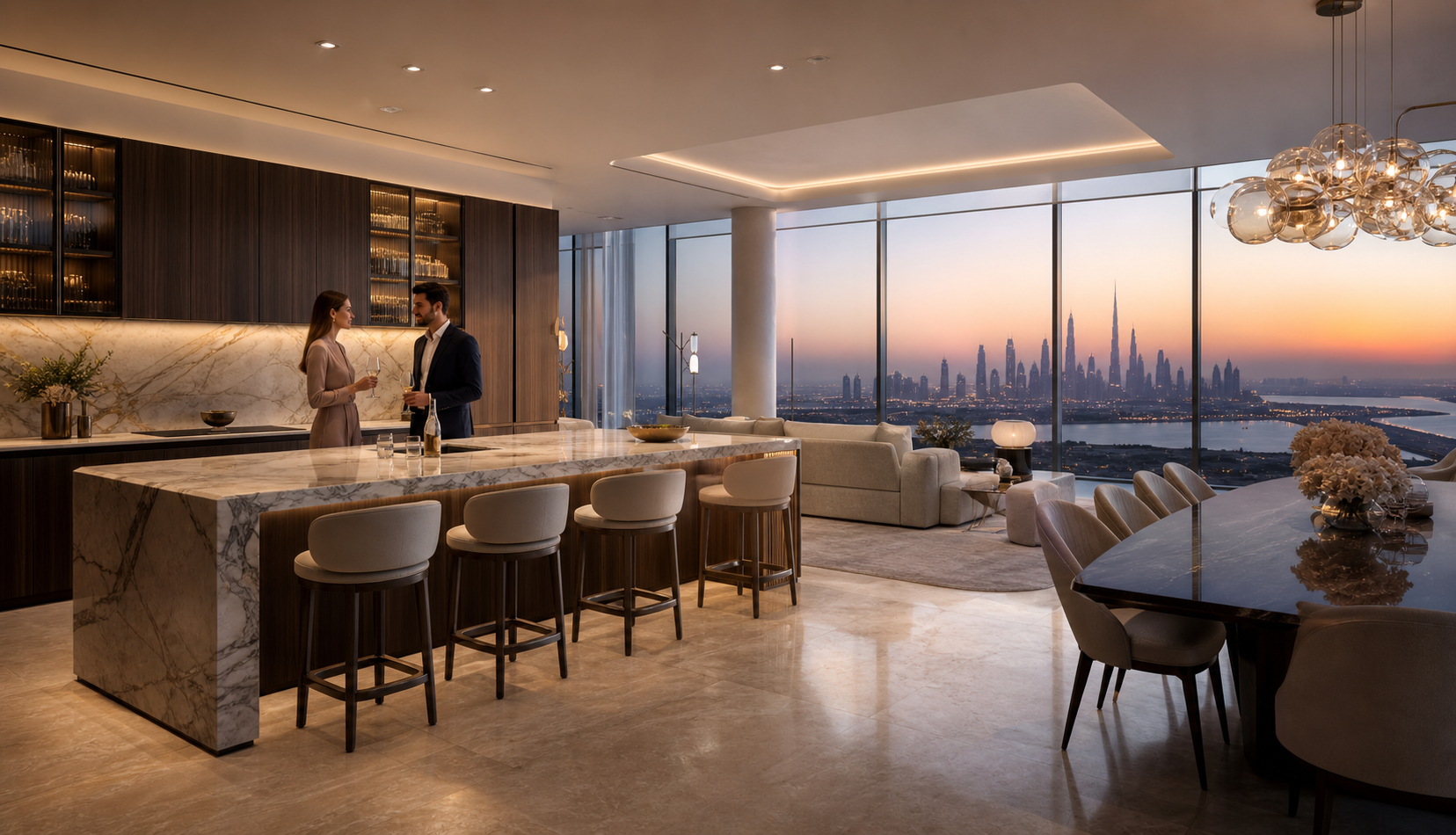 Fadior Dubai 220 sqm Kitchen Penthouse — Fadior Dubai living integration — marble island, dining table, walnut wall,