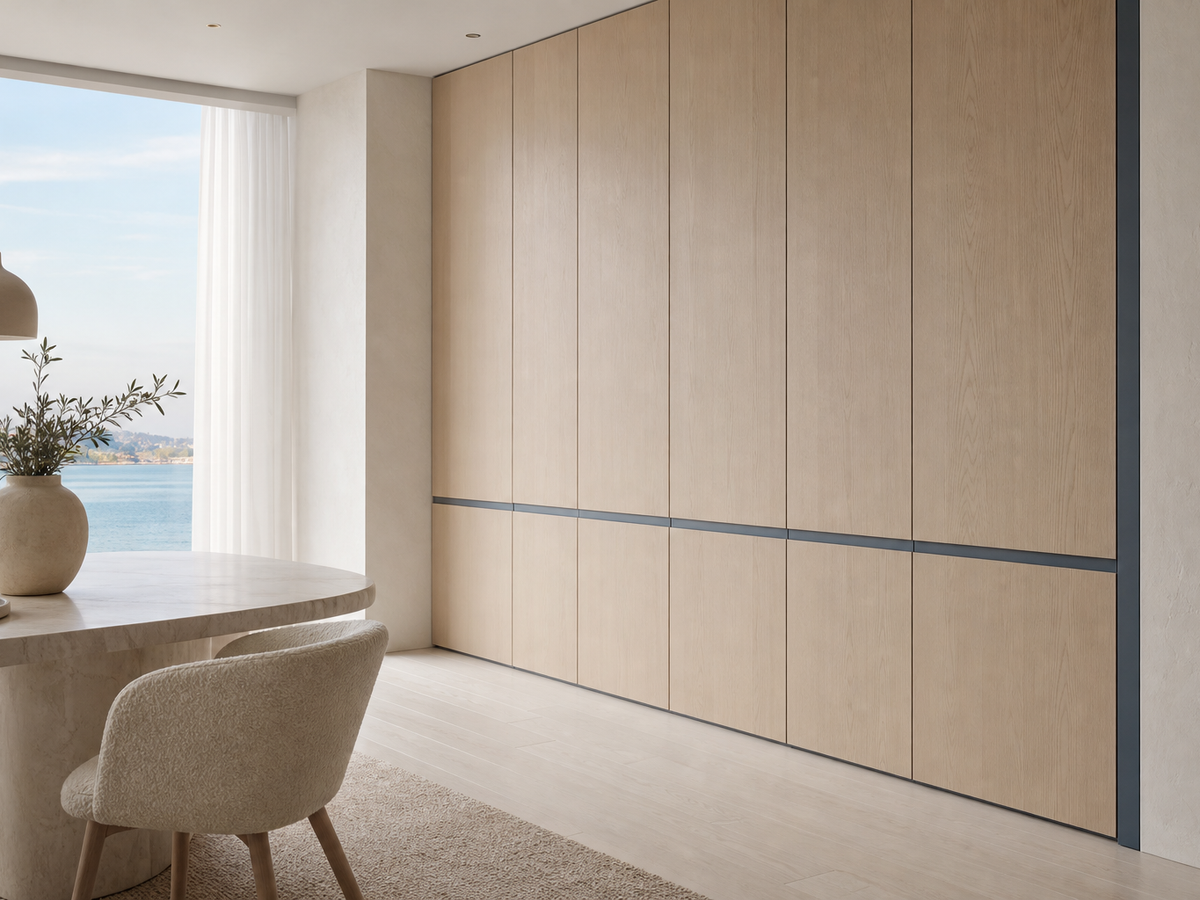 Fadior Terrazzo Wall Panel Suite with Slate Blue Reveal Panels — 304 stainless steel wall panel system, front view