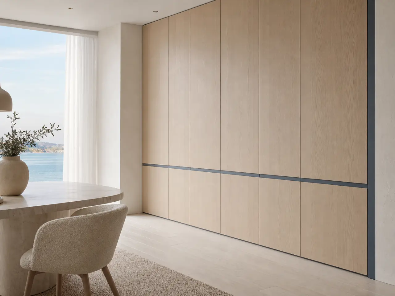 Fadior Terrazzo Wall Panel Suite with Slate Blue Reveal Panels - 304 stainless steel wall panel system with textured surfaces, shadow reveals, integrated lighting, and concealed doors