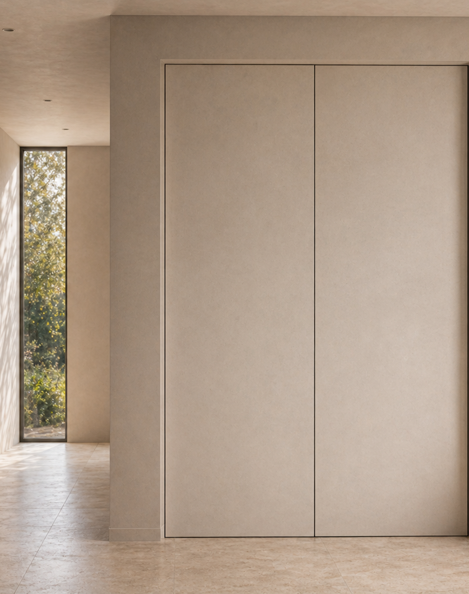 Fadior Alabaster Interior Door Suite with Shadow Reveal Pivot Pair — interior room context showing cabinet integration