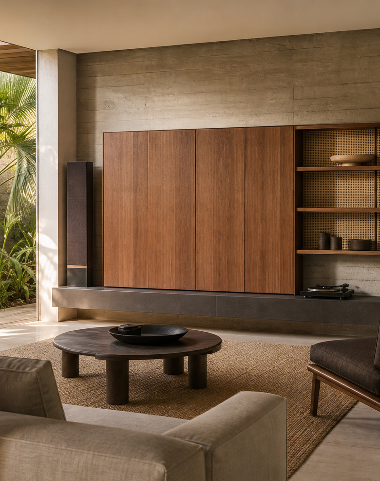 Fadior Zenith Living Room Suite with Slate Ribbon Media Library — lifestyle setting with natural light and residential