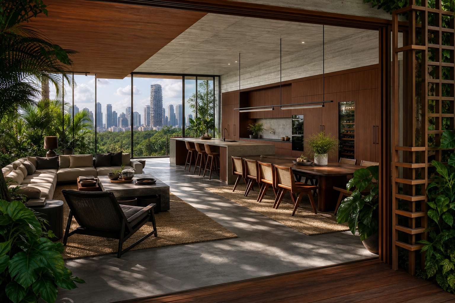 Fadior Singapore Skyline Penthouse — Singapore living dining room with kitchen island, hardwood storage wall, concrete floor,