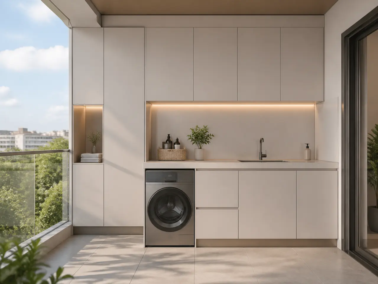 Fadior Aurora Balcony Suite with Lantern Utility Horizon - 304 stainless steel balcony cabinetry for humidity, laundry overflow, utility storage, and semi-outdoor residential use