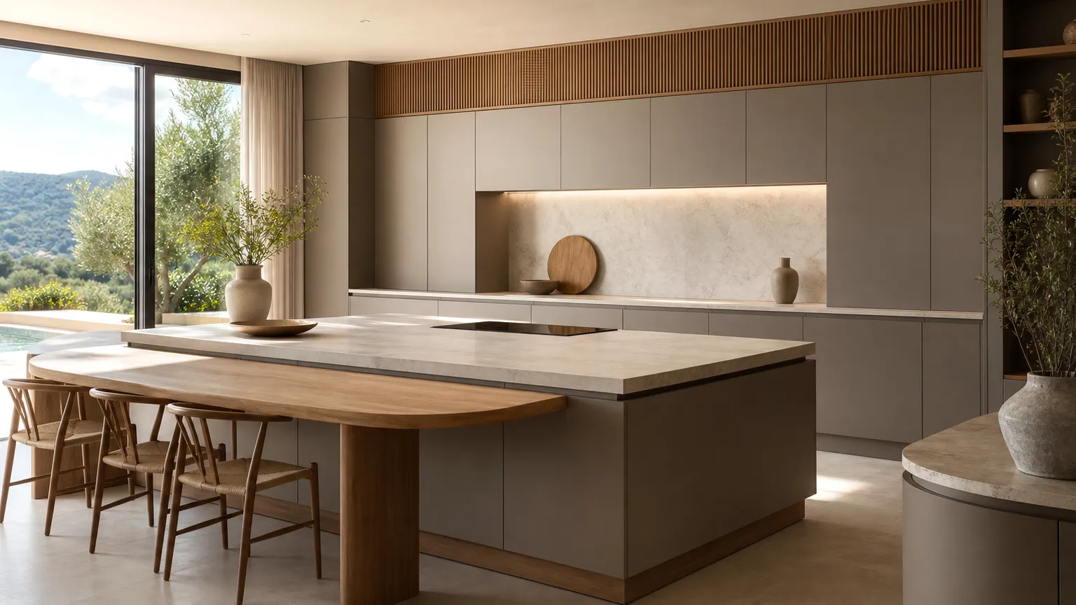 Italian kitchen design with long grey planes, pale stone, warm oak accents, and calm daylight.